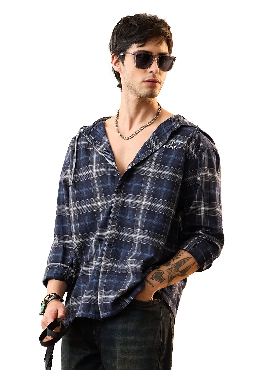 the souled store Hooded Shirt: Seaside Men and Boys Long Sleeve Hooded Navy Plaid Lightweight Easy to Style Everyday Office Wear Cotton Relaxed Shirt-picture-16