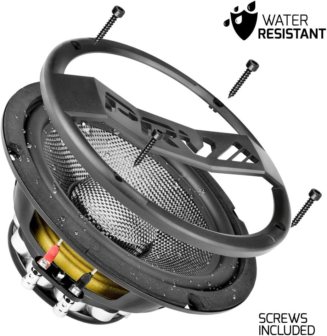 Close-up of the PRV AUDIO 8MR500CF-NDY-4 speaker showing water resistance and included screws.