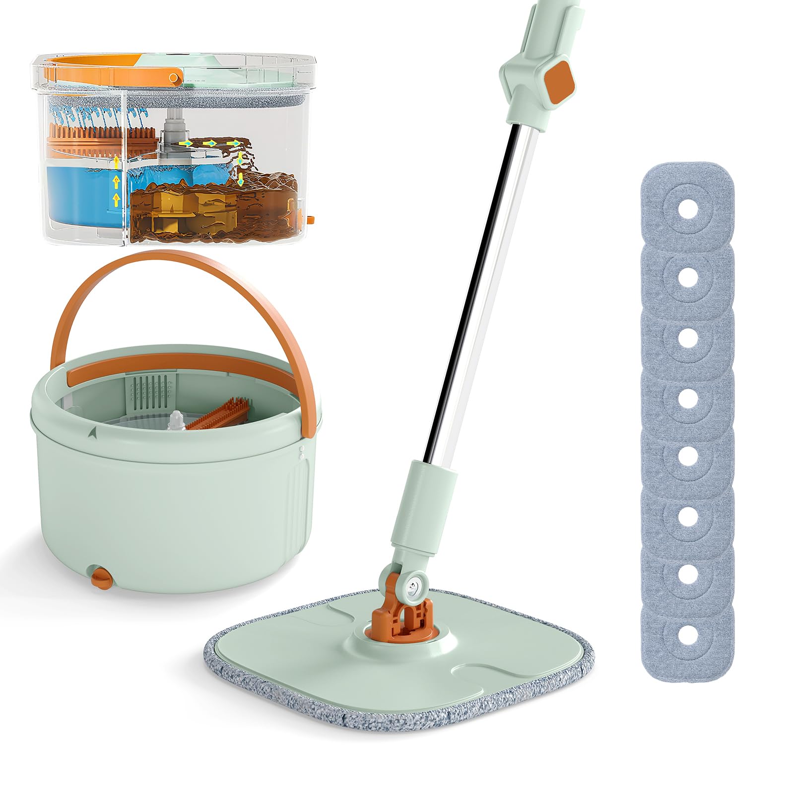 LIFEZEAL 2 Mopas de Fregona Profesional, Giratoria, 3 Paños de Limpieza, Escurridor, Doble Cubo, Filtro, Desagüe, Longitud Ajustable, Separación de Agua, Ligera (Verde Claro 2 Cabezales + 9 Paños)