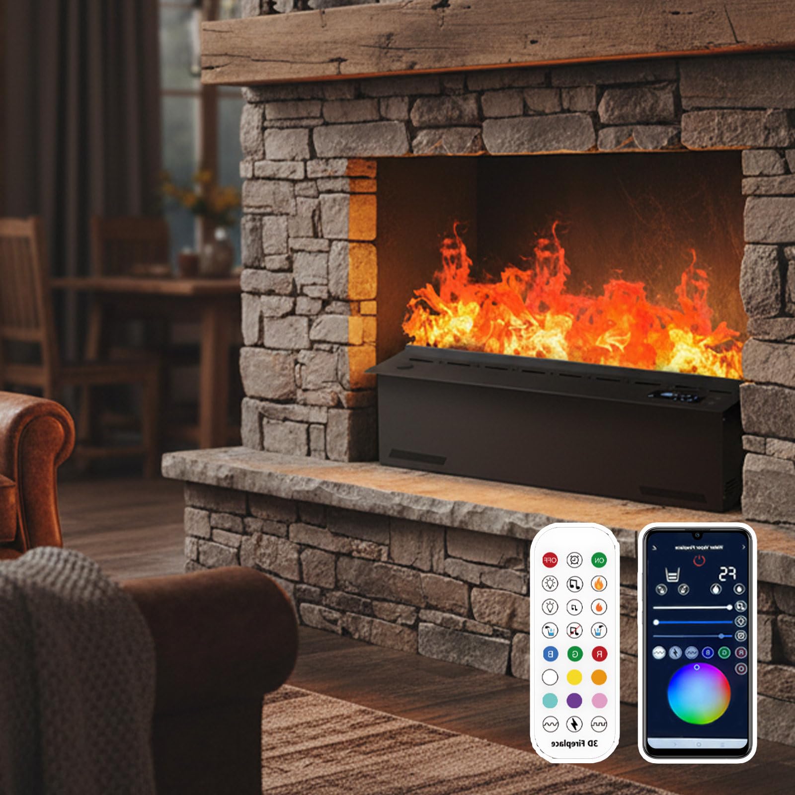 Caminetto a vapore da incasso con nebulizzazione regolabile e telecomando, design in acciaio inox per un ambiente domestico moderno