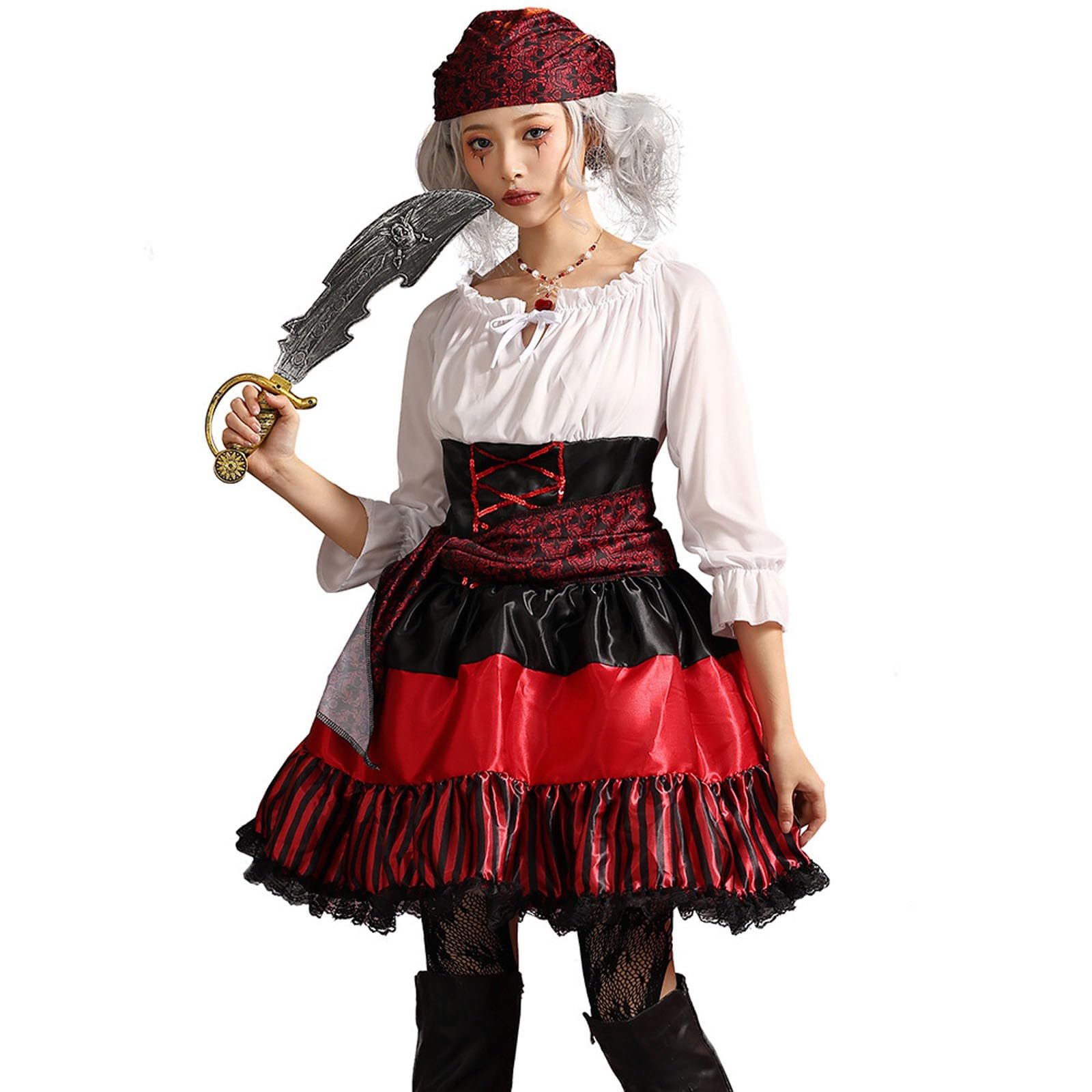 Karnevalskostüme Damen Piratenkostüm - Piratin Minikleid Festlich Strampler Langarm Partykleid Piraten Verkleidung Elegant Kleidung Swing Faschingskostüm Corsett Mottoparty Cosplay