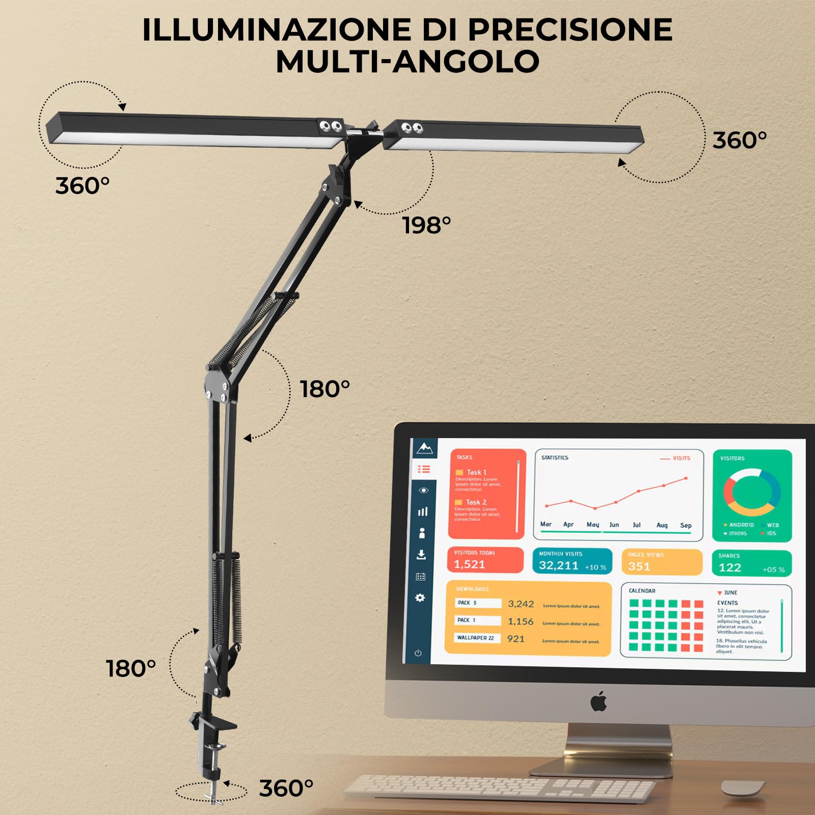 Lustaled Lampada da Scrivania LED Doppia Testa con Pinza 20W Dimmerabile | 3 Colore & 10 Luminosità, Rotación 360°, 2000LM Potente, Nera Luce Scrivania Monitor con Filo per Ufficio, Lettura, Studio