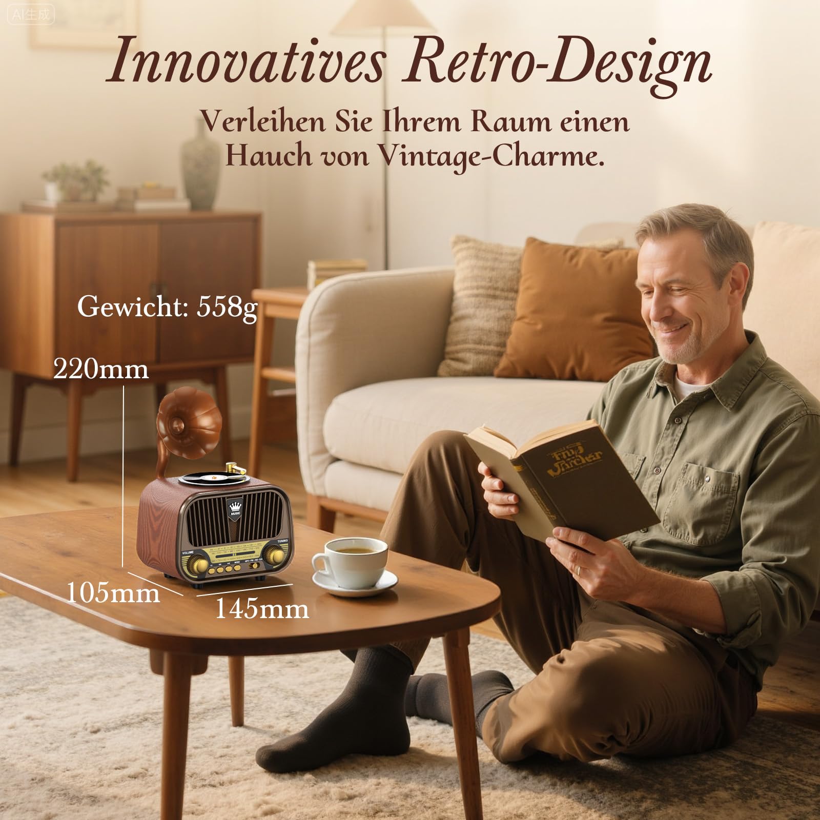 PRUNUS J-190 Retro Radio Klein AM/FM/SW, Nostalgie Radio mit Akku 1800mAh, Kofferradio mit Bluetooth 6.0, Unterstützt USB/TF/AUX Funktion, großem 5-W-Lautsprecher für Büro Zuhause.