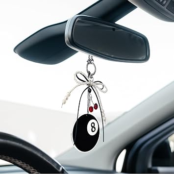 SuperKaKa Lucky 8 Ball Rearview Mirror Hanging Ornament, Car Accessories for Women, Cute Car Interior Decor Charm with Pearl Bow and Cherry Pendant, Rear View Mirror Decorations, Auto Accessories