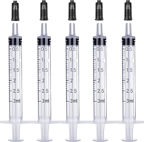 Jeringa de plástico de 3 ml sin aguja para líquido - jeringas de medición con tapas, envasado estéril separado, jeringa pequeña de medicina para mascotas para gatos y perros - 3 ml 5 paquete