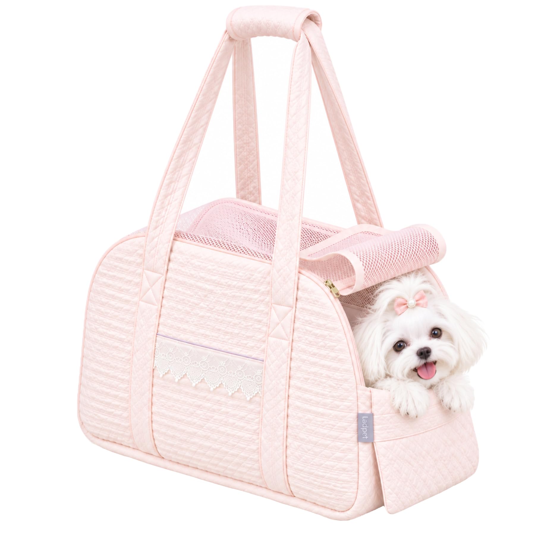Dog Carrier Tote Bag, Foldable Mesh Pet Travel Handbag with Lace Decor, Fits Pets Up to 15 Lbs (Pink)