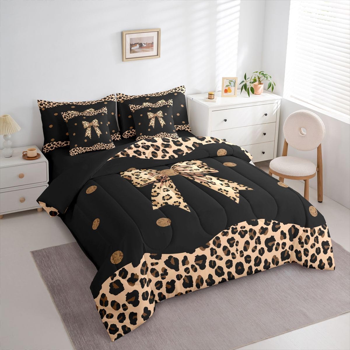 Feelyou Brown Leopard Bowknot Comforter Set with Sheets 7 Piece Queen Size Girls Princess Bow Bedding Set for Kids Boys Girls Cheetah Bed in a Bag Bow Tie Room Decor Soft Lightweight Microfiber