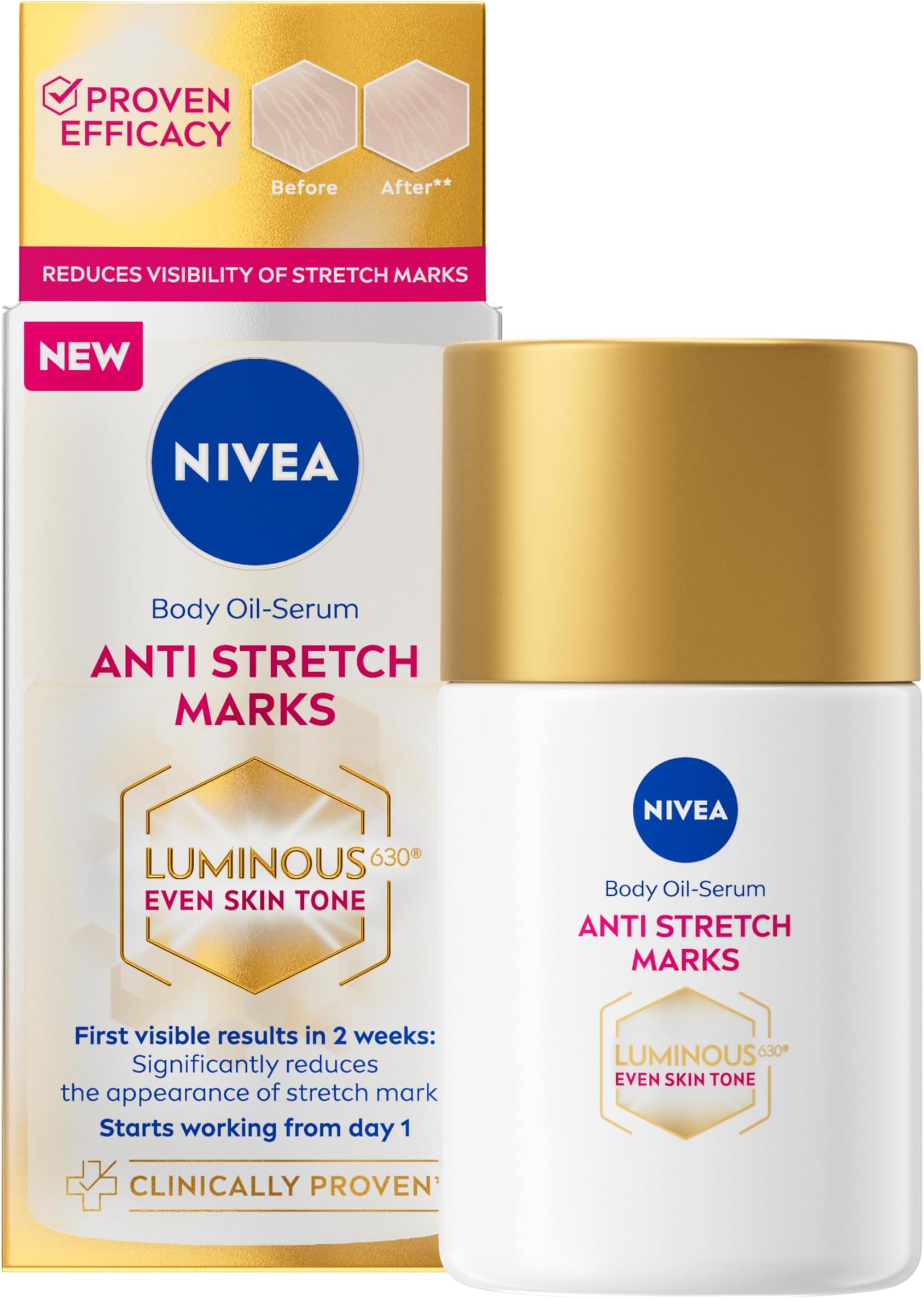 NIVEA Luminous 630 Body Oil Serum Anti Stretch Marks (100ml), Skincare Serum with Luminous 630 Visibly Reduces Stretch Marks in 2 weeks, Starts Working From Day 1, with Thiamidol