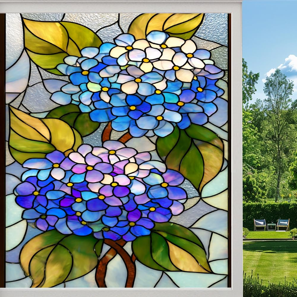 Natural Flowers Privacy Window Film, Watercolor Hydrangea Rustic Frosted Self-Adhesive Vinyl Cling for Glass Doors Bathroom Windows Sun Blocking Heat Control, （50x80cm）