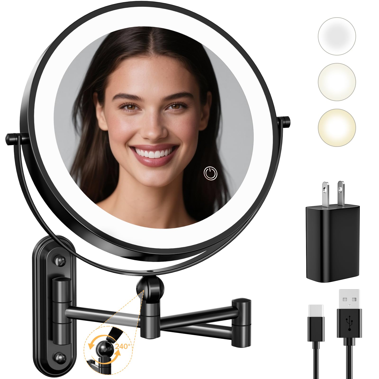 Photo 1 of **LIGHTING FUNCTION /NON-FUNCTIONAL*** 9" Wall Mounted LED Lighted Makeup Vanity Mirror - 4000mAh Rechargeable Double Sided 1X/30X Magnifying Mirror, 3 Color Lights Touch Dimmable, Height Adjustable Extended Arm 360° Swivel Bathroom Mirror