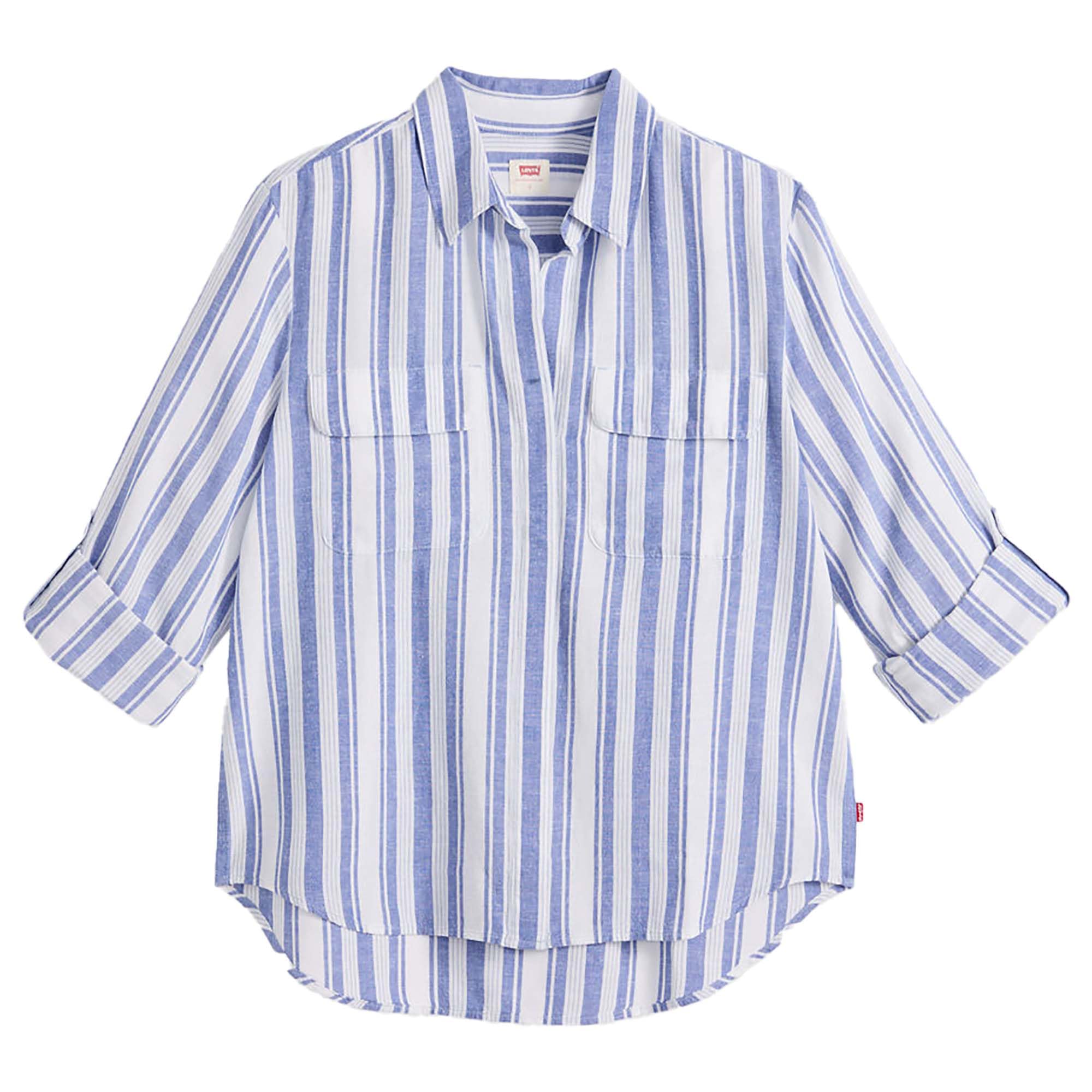 Levi's Women's Bold Stripe Blue Cotton Linen - Blue Blouse Elaine Utility With Button Placket, Relaxed Fit, Blue (Bold Stripe Blue), M