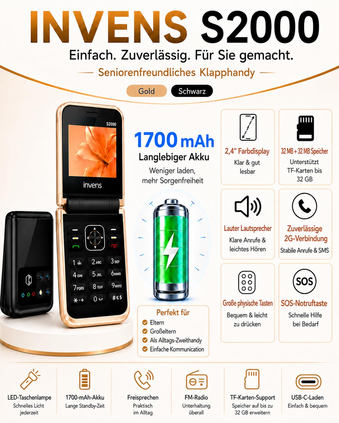invens Seniorenhandy Klapphandy ohne Vertrag, 4 SIM-Karten, 1700-mAh-Akku