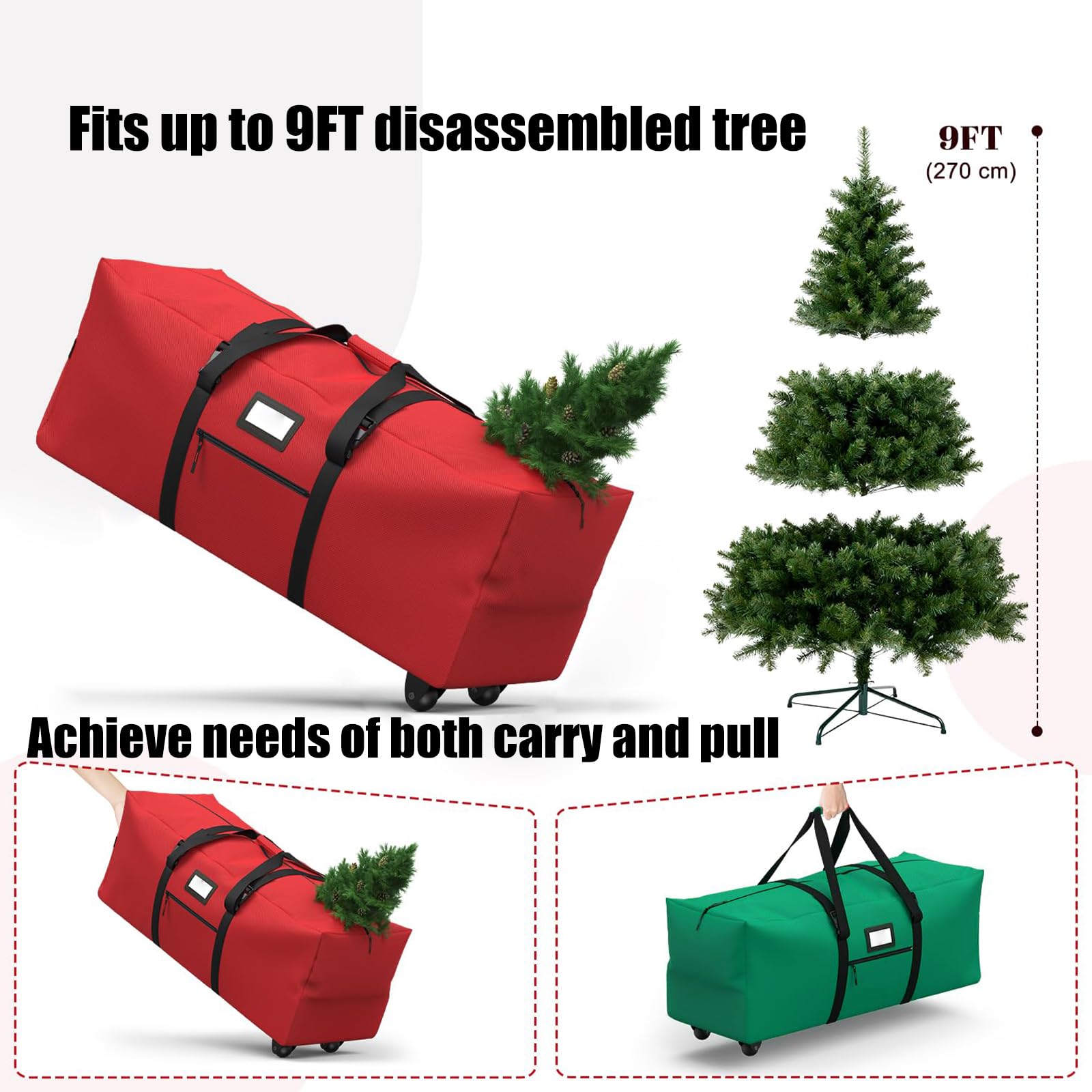 Spaziosa custodia arrotolabile per alberi di Natale in materiali Oxford, organizer impermeabile e facilmente accessibile con cerniera, contenitore per albero di Natale con ruote