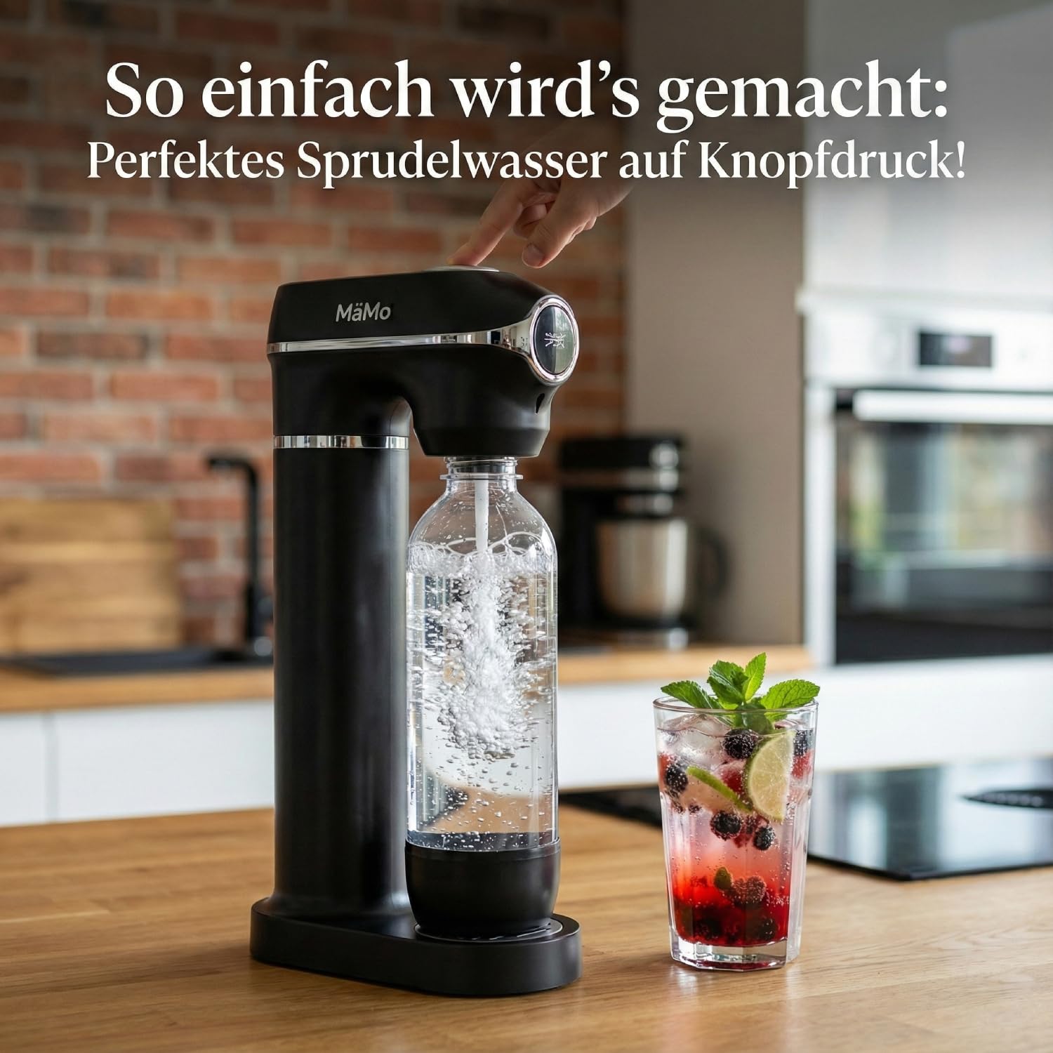 Wassersprudler Set - Kunststoff, Manometer, 2 Flaschen, Schwarz | Schwarz mit Manometer. Inkl. 1L & 0.5L PET-Flaschen (ohne CO2). Automatische Druckregulierung für frisches Sprudelwasser.