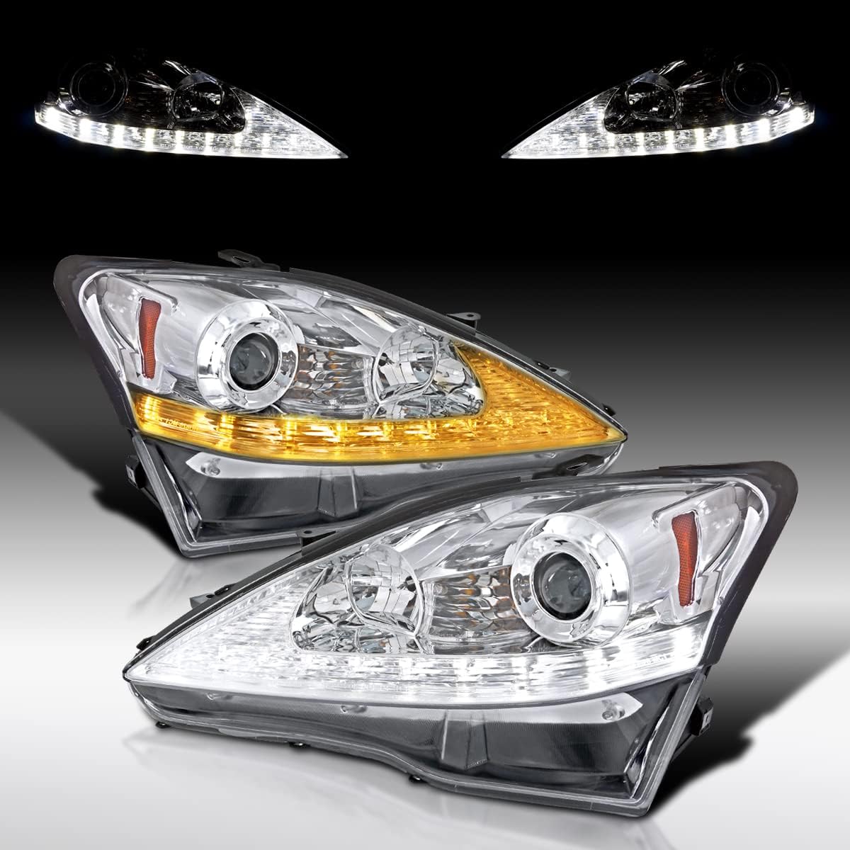 Autozensation Compatible with 2006-2010 Lexus IS250 IS350, Left + Right Pair Headlamps Assembly, SMD LED Turn Signal Chrome Projector Headlights