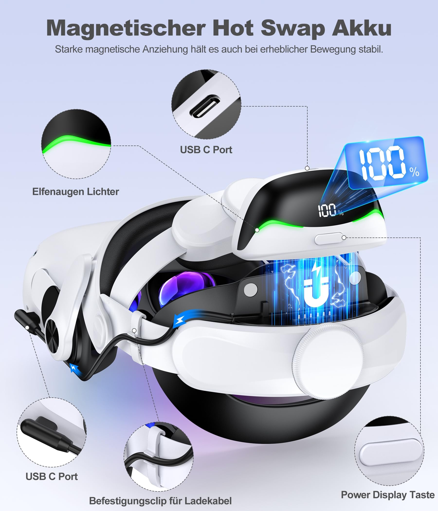 Elegamefy MQ4000 Series Double Knobs Sangle réglable pour Meta Quest 3/2, Elite Strap avec batterie magnétique et station de charge, prolonge la durée de lecture, charge rapide pour Oculus VR