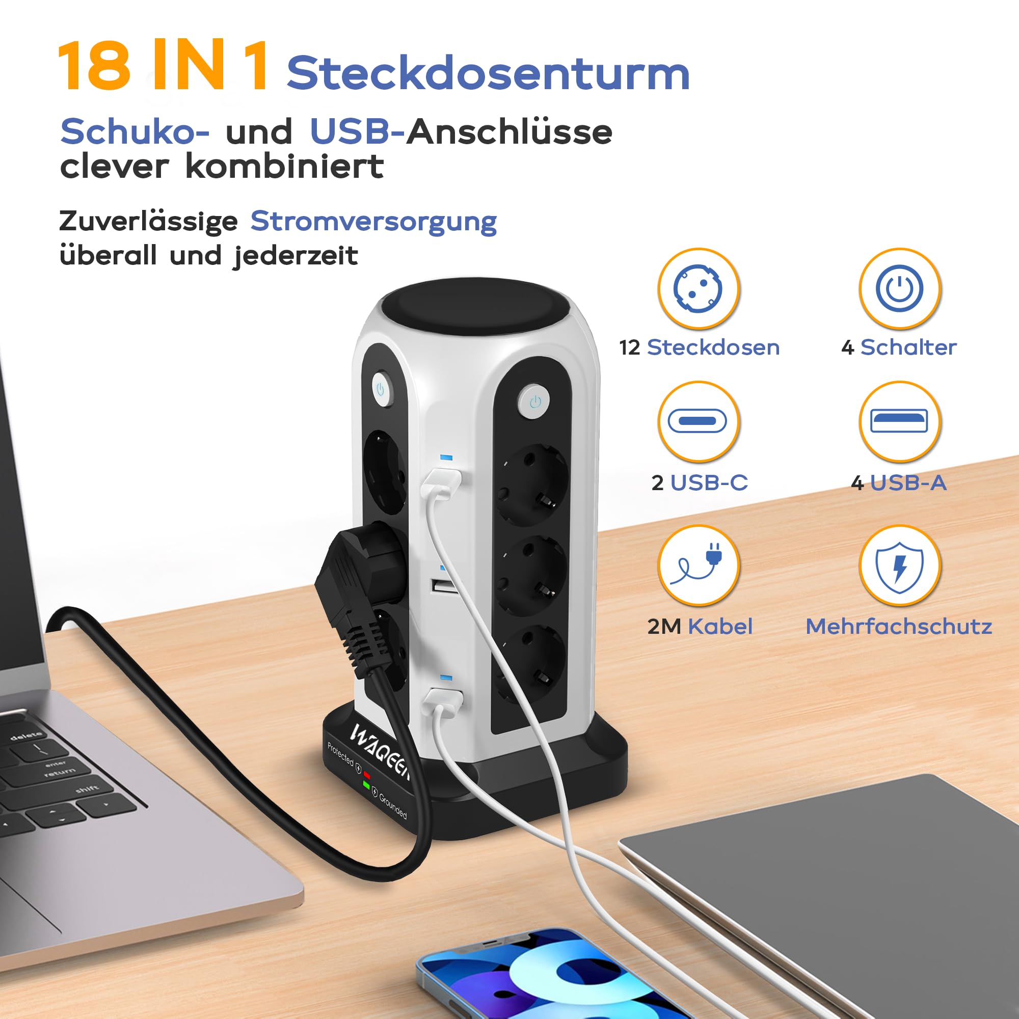 Steckdosenturm mit USB C & A, Überspannungsschutz, Mehrfachsteckdose | 12 AC Steckdosen, 2 USB-C & 4 USB-A, 4 Schalter, 2 m Kabel, feuerfestes Material, ideal für Büro, Küche & Zuhause