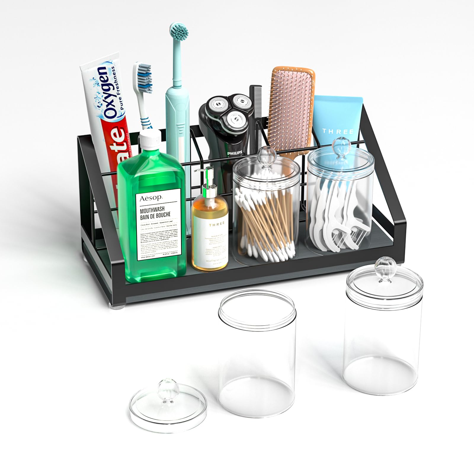 Toothbrush Holders for Bathrooms Countertop Organizer, Iron Bathroom Counter Organizer Storage, Toothpaste Holder Stand with 2Pcs Qtip Holder Dispenser (Large)