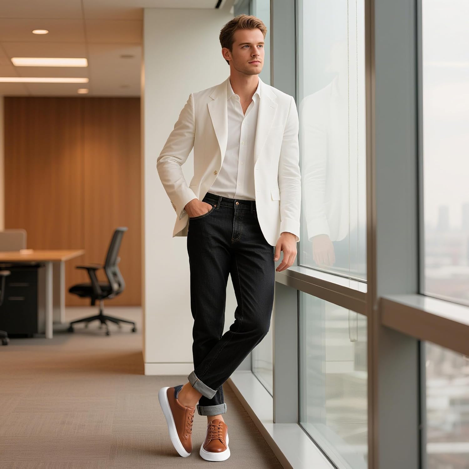 HEEZ Men's Dress Sneakers, Split Leather Business Casual Shoes for Men Lightweight, Breathable Comfortable Casual Dress Shoes for Office Travel Daily - Image 2