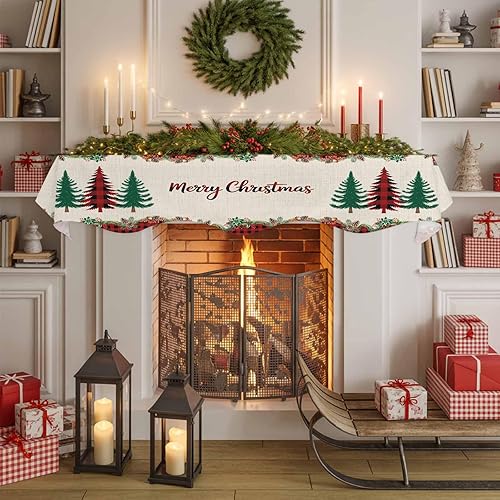 Miniatura 6 de Bufanda para chimenea con árbol de Navidad, 90 x 17 pulgadas, guirnalda de Navidad a cuadros rojos, cubierta de mantel de lino vintage, protector