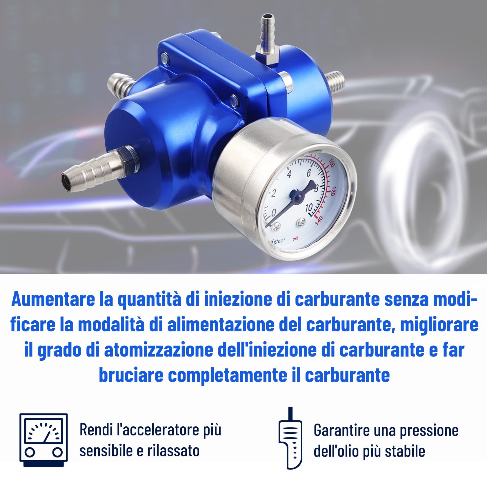 Regolatore Di Pressione Carburante 0-140psi In Alluminio – Membrana Incorporata Regolabile Per Aumentare Potenza E Coppia, Universale Blu
