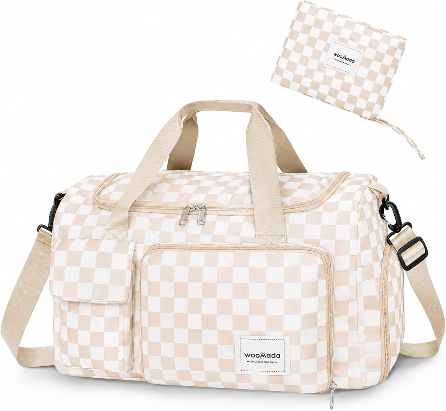 WOOMADA Foldable Travel Duffel Bag for Women, Weekender Bags with Shoes Compartment,Overnight Bag with Wet Pocket & Trolley Sleeve(beige checkerboard)