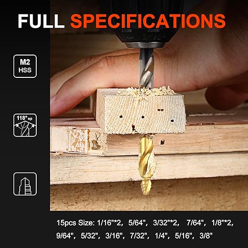 Miniatura 6 de COMOWARE Juego de 29 brocas de punta escalonada, índice de broca de 116 a 12 pulgada, brocas Jobber HSS M2, sin perforaciones previas, recubiertas