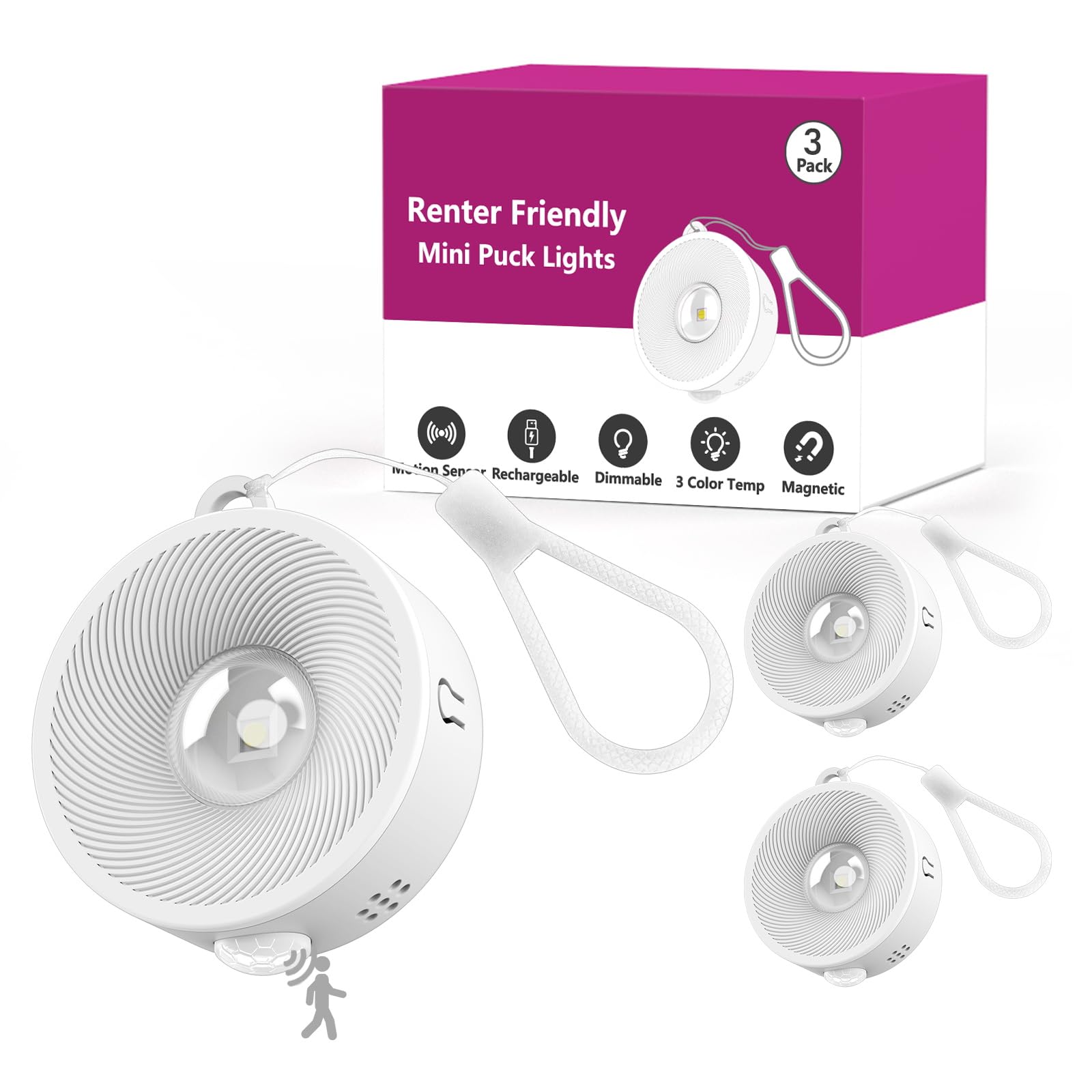 2" Rechargeable Mini Puck Lights, Magnetic Motion Sensor Light, 3Pack White | Wireless LED Indoor Lights with Hanging Lanyards, 3 Modes, 3 Color Temps, Stick On Battery Operated Lighting, Renter Friendly-image-30