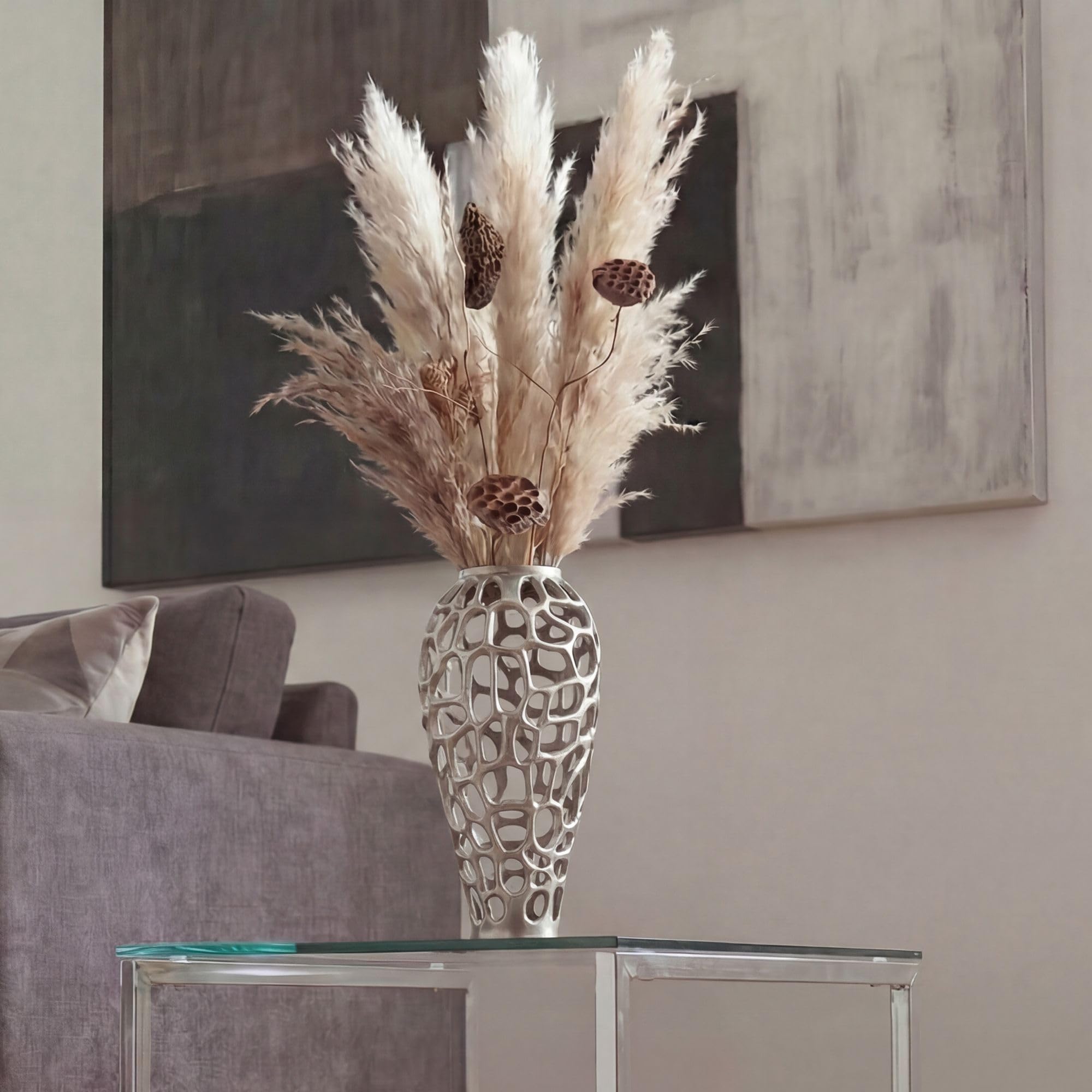 WOHNLING Bodenvase 19x19x45 cm Aluminium Silber, Standvase Skulptural | Blumenvase groß für Trockenblumen und Pampasgras, Dekovase Metall schlank, Vase XXL handgefertigt, jedes Stück ein Unikat