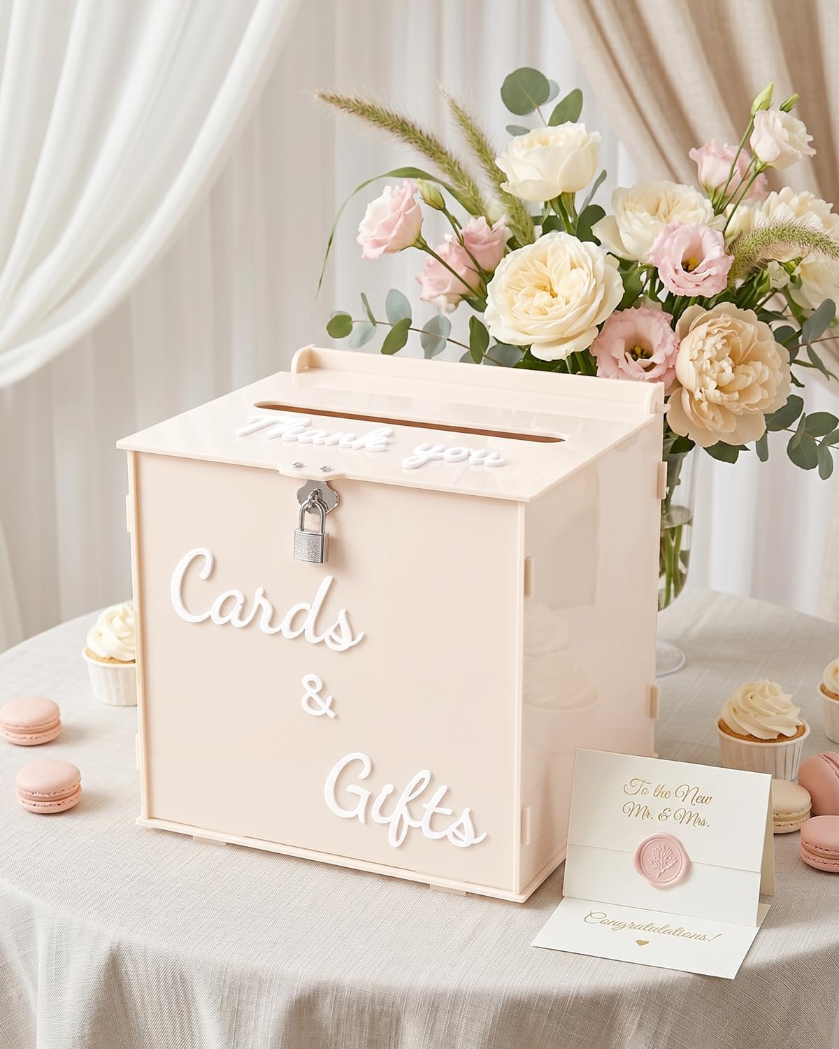 Cream Beige Acrylic Wedding Card Box with Lock, 10" Card Holder with Slot | Card Box for Reception, Bridal & Baby Shower, Birthday, Graduation Party, Decorative Keepsake Gift Box, 3D Sign, 10*10*8 inch