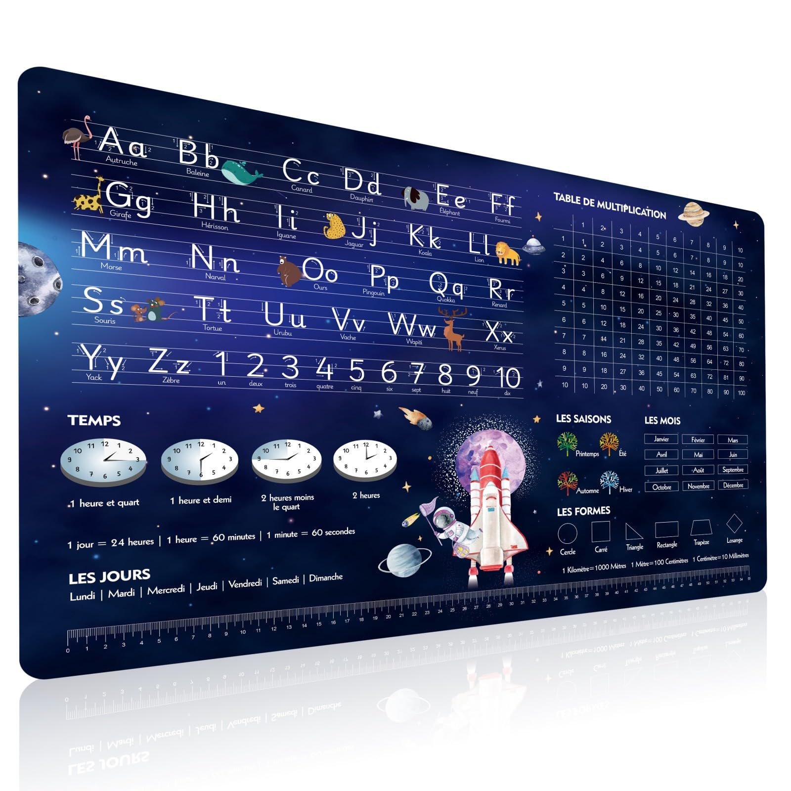 Éducatif Sous-main pour Enfant 40x60cm - Français - Thème Espace Univers - ABC avec Animaux - 1X1 - Formes - Heures - Tapis de Bureau Imperméable - Cuir PU Double Face effaçable facile à Nettoyer
