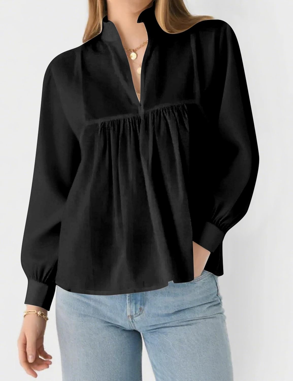 Women’s Puff Long Sleeve V Neck Blouse Peplum Pleated Babydoll Tops Fall Dressy Casual Loose Fit Shirts - Image 2