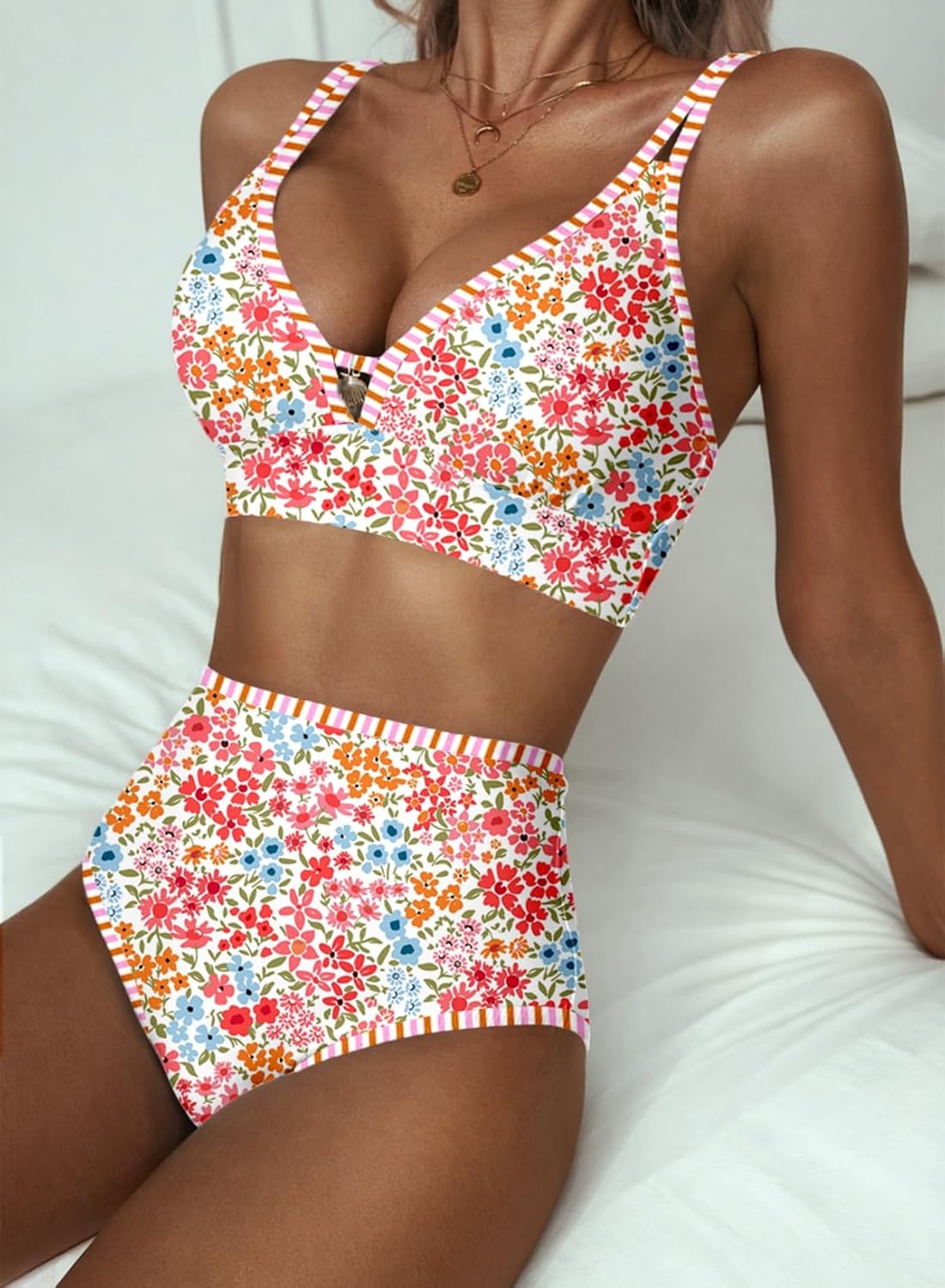 Herseas Women's 2 Piece Floral Print Bikini Sets V Neck Stitch Swimsuits High Waisted Bathing Suit Beach Summer Swimwear - Image 5