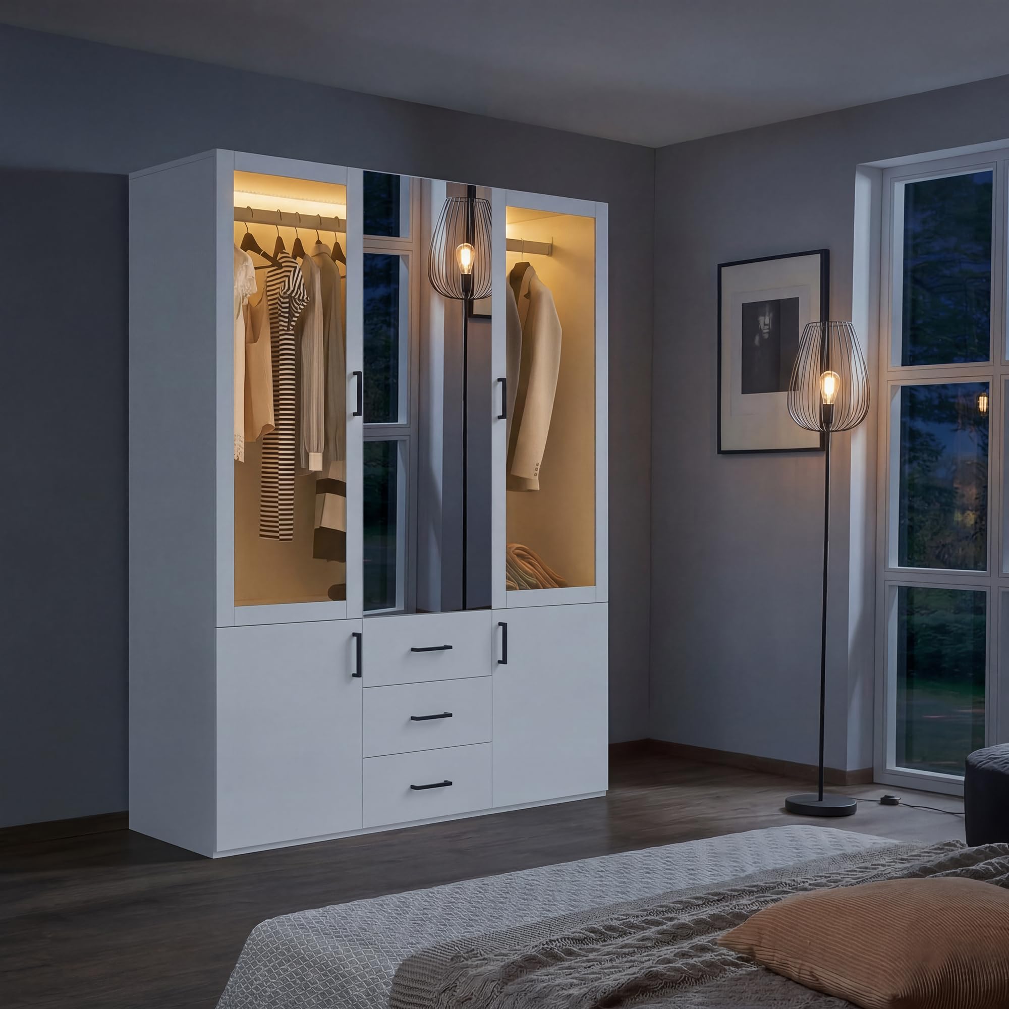 Armadio Guardaroba 4 Ante con 3 Cassetti e LED, Armadio Camera Da Letto Bianco, Mobile Con Appendiabiti, Armadio Moderno Salvaspazio, Armadio Guardaroba con Specchio