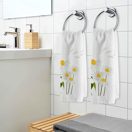 Miniatura 5 de Juego de 2 toallas de algodón suave para lavado facial, diseño de margaritas amarillas y blancas, para gimnasio, baño, decoración para baño, 16 x 30