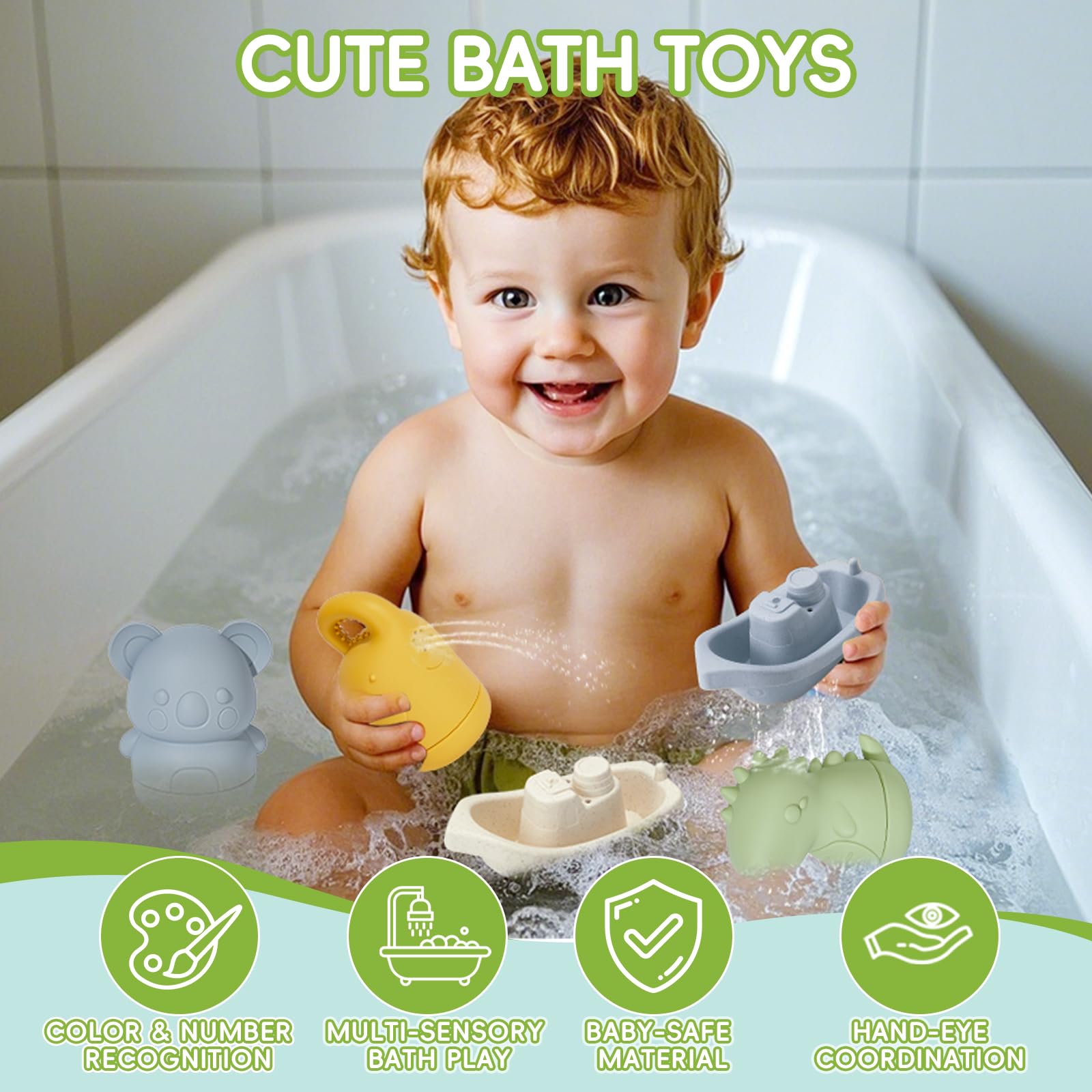 Juguetes de baño para bebés, 9 juguetes de baño sin moho para niños de 1 a 3 años, juguetes de agua con juguete de baño de silicona fácil de limpiar para bebés de 6 a 12 meses y barcos de baño seguros 2