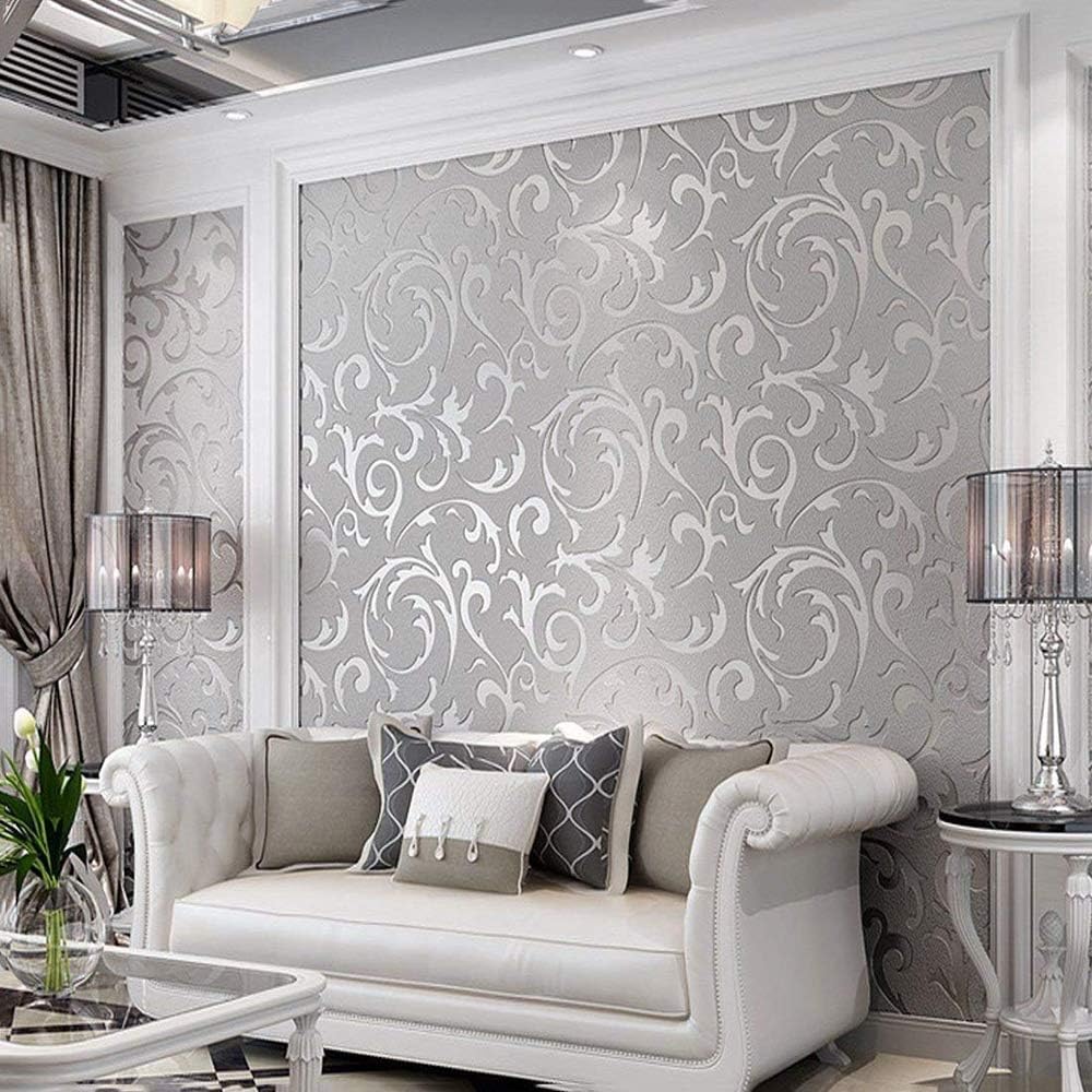 3D Decorative Wallpaper for Bedroom, Matte Silver Flower Wall Paper Metallic Wallpaper for Kitchen Decoration and TV Background in The Living Room