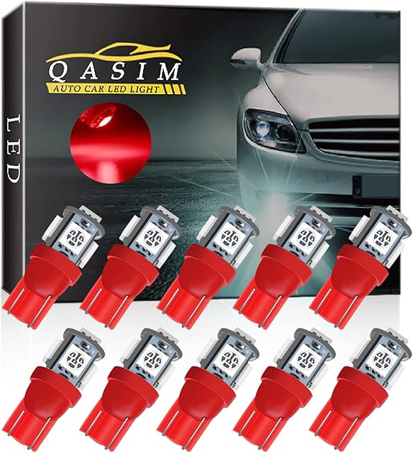 Qasim 10pcs T10 W5W Led Bulbs 5SMD 501 194 168 5050 Chipset Wedge for Car Interior Dome Dashboard Map RV License Plate Side Lights DC 12V Red
