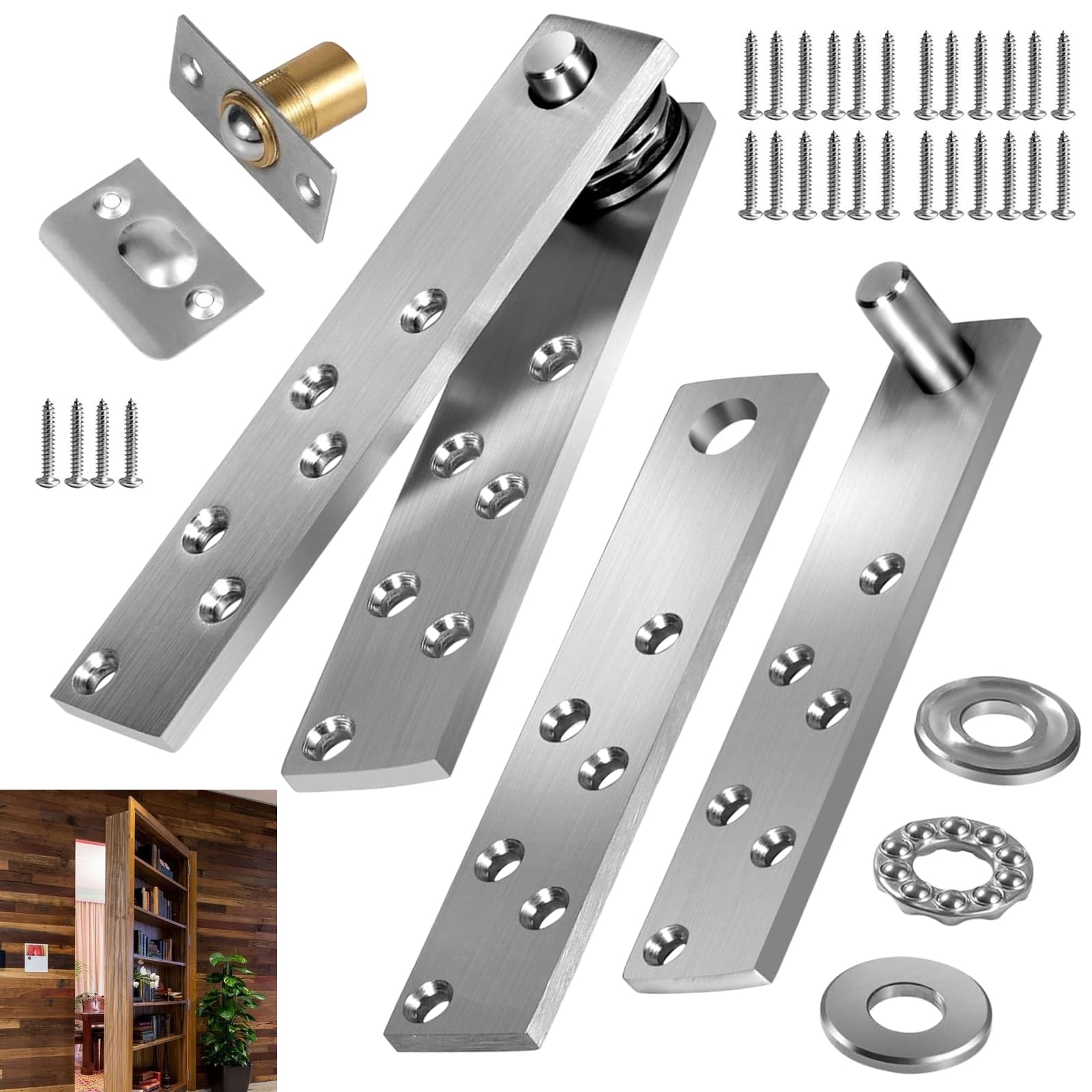 Bisagra de puerta oculta, bisagras pivotantes de acero inoxidable, resistentes, rotación de 360°, hasta 136 kg, plata