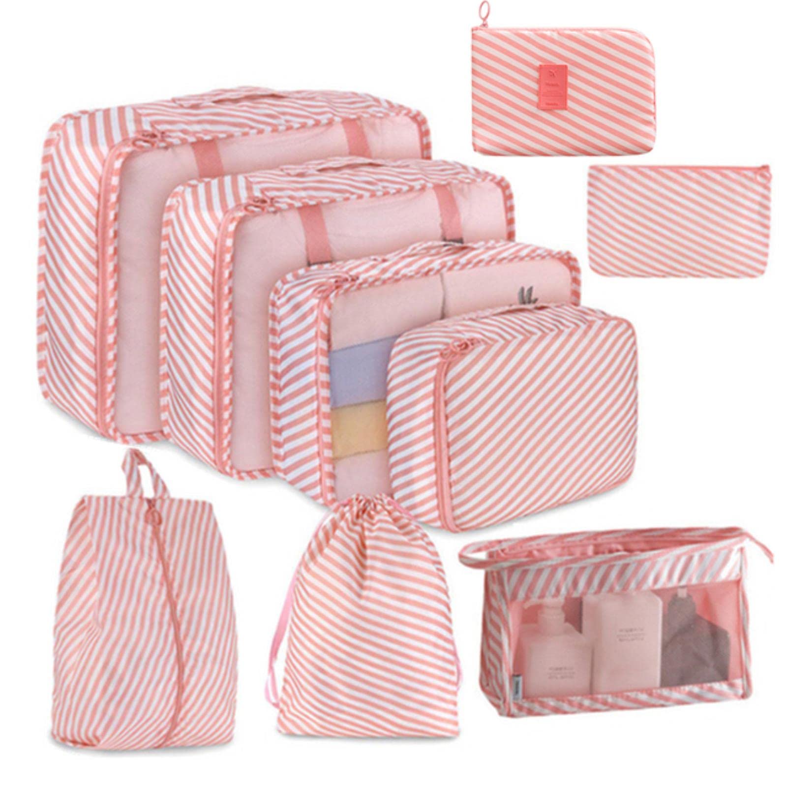 Set da 9 Pezzi Cubo da imballaggio Valigia Vestiti Classificazione Borse portaoggetti Biancheria Intima Scarpe Organizzatore Borsa da Viaggio per Trucco-Stripe 9 Pezzi
