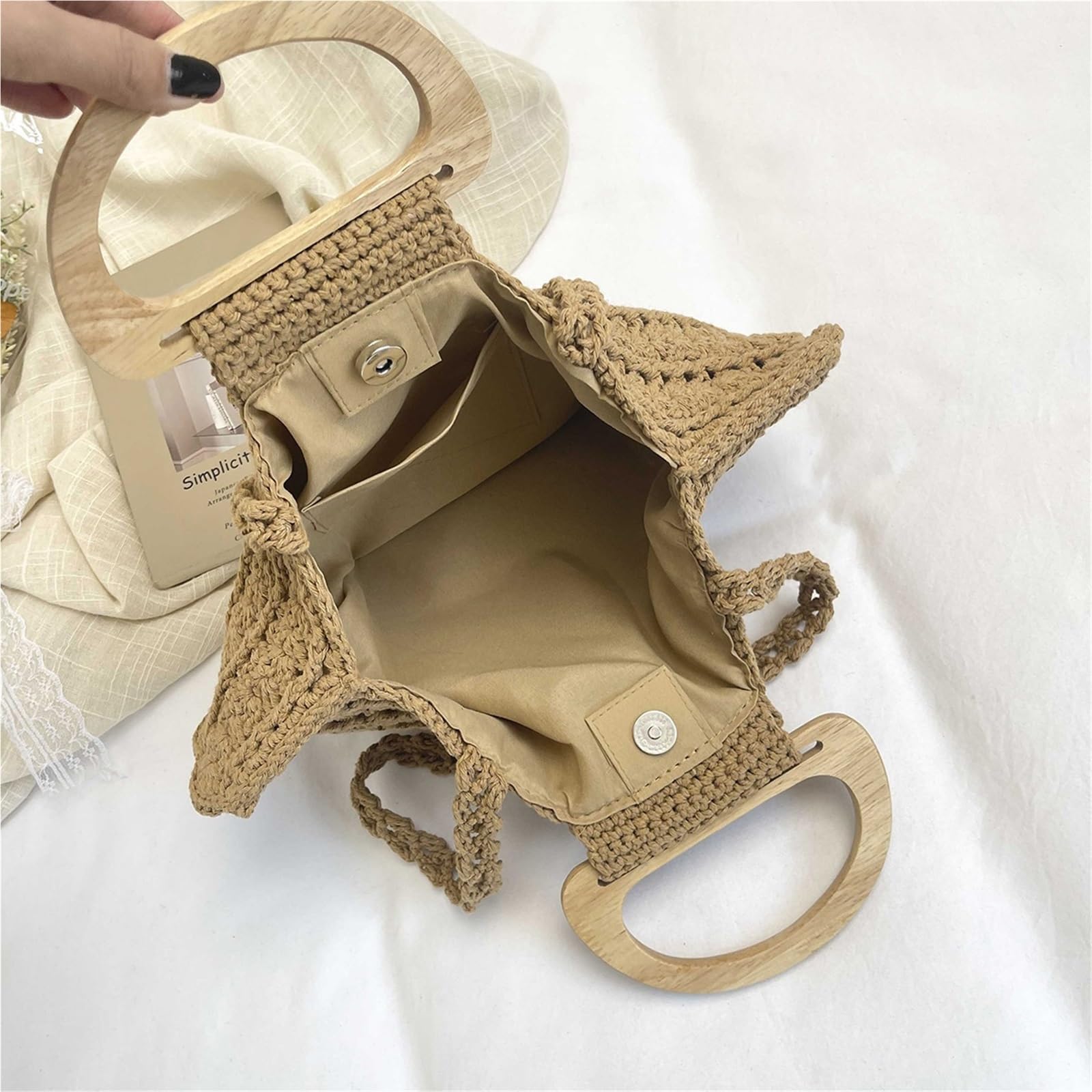 borsa donna estiva Borsa estiva in paglia intrecciata for donna a mano in legno con manico superiore Clip a tracolla retrò bohémien