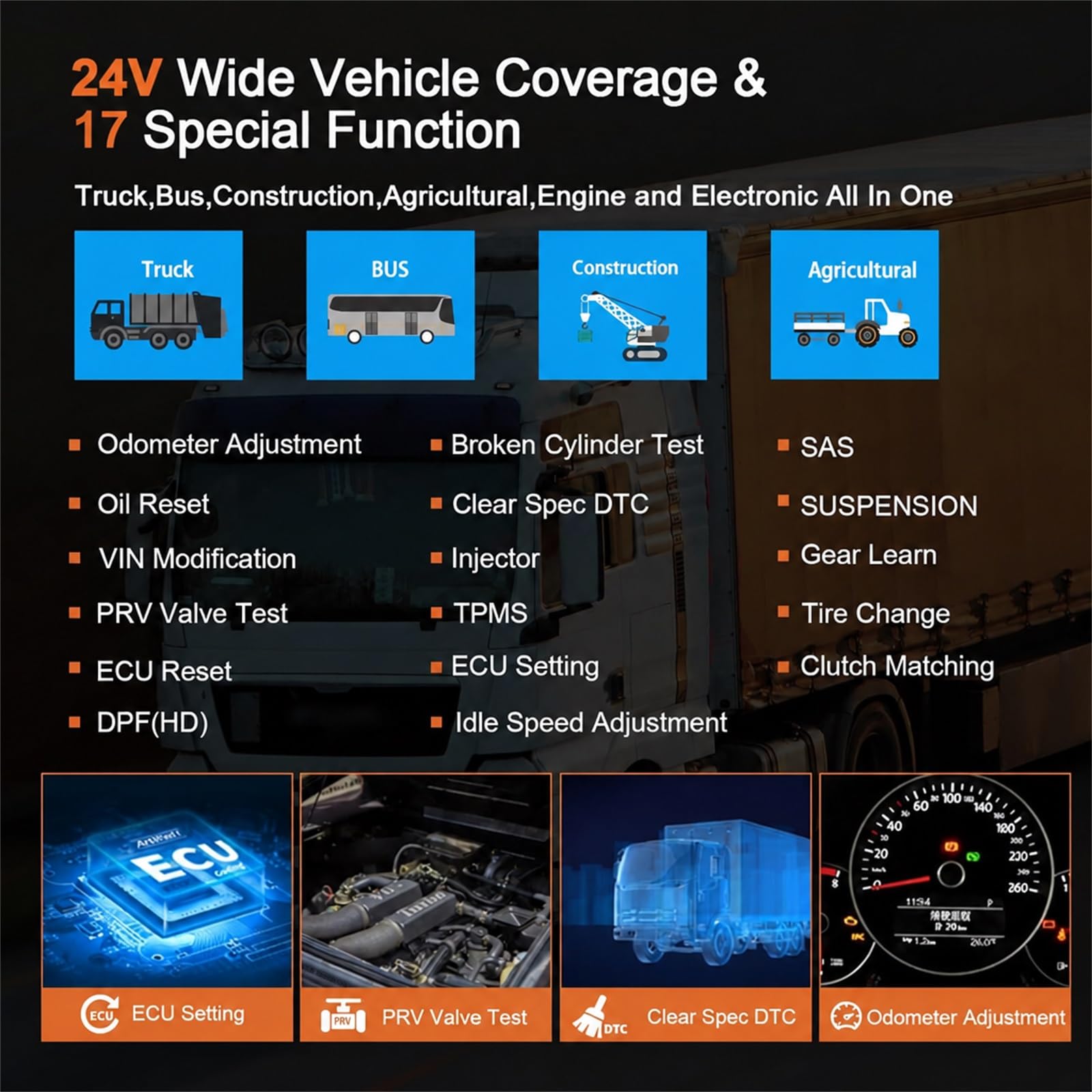 OBD2 Diagnosegerät, Bi-Direktionale Diagnosegerät für Schweren LKW, Auslesegerät LKW mit 17+Servicefunktionen, OBD Diagnosewerkzeuge für 24V Lastwagen, Nutzfahrzeuge, Heavy Duty Truck
