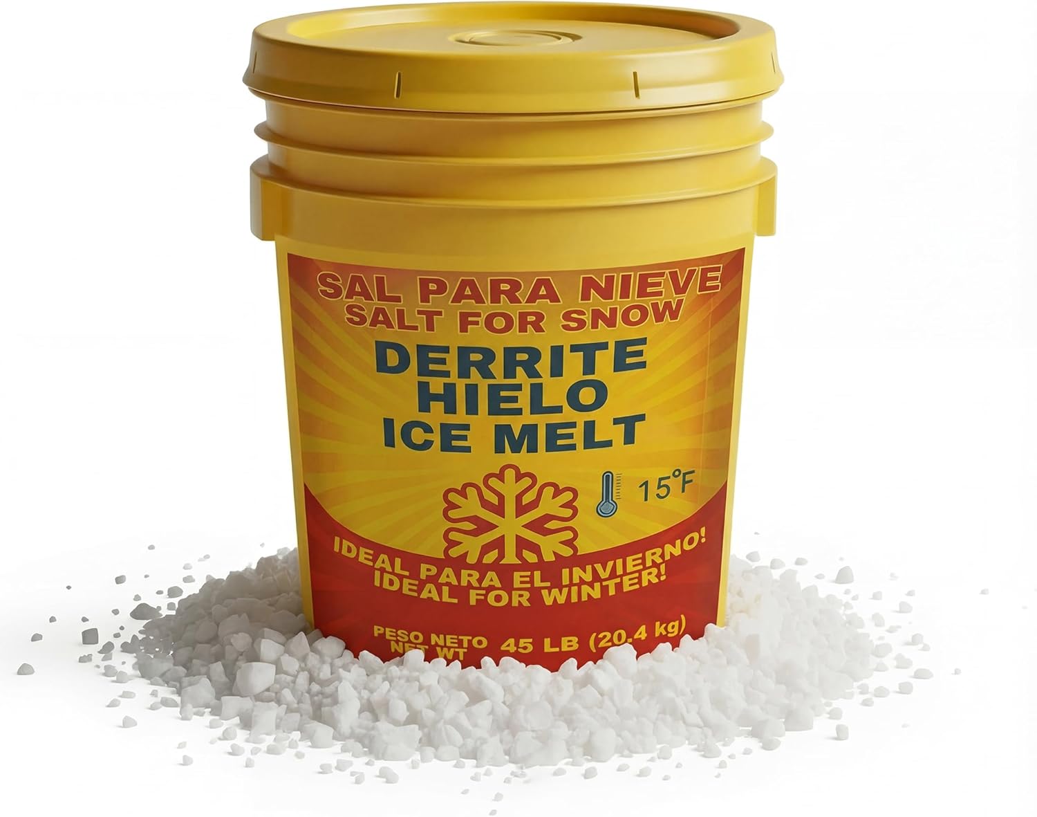 Sal para Nieve, Salt for Snow Ice Melt Pail Deicer for Snow and Ice, Ideal for Driveways, Walkways & Steps (45 lb)