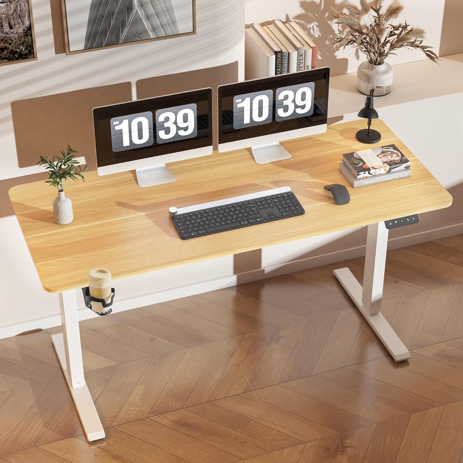 FLEXISPOT Scrivania Regolabile in Altezza 110x60 cm, Altezza Regolabile, Pannello con Funzione Memoria, Montaggio Facile (Bianco+Acero)