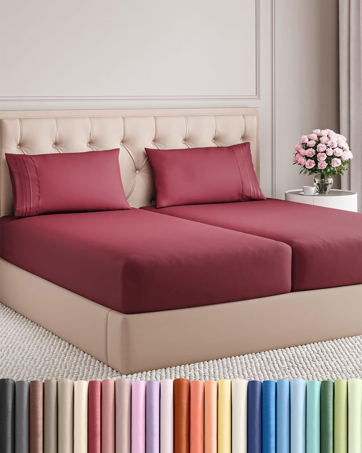 Split King Size 5 Piece Sheet Set - Breathable &amp; Cooling Sheets - Burgundy