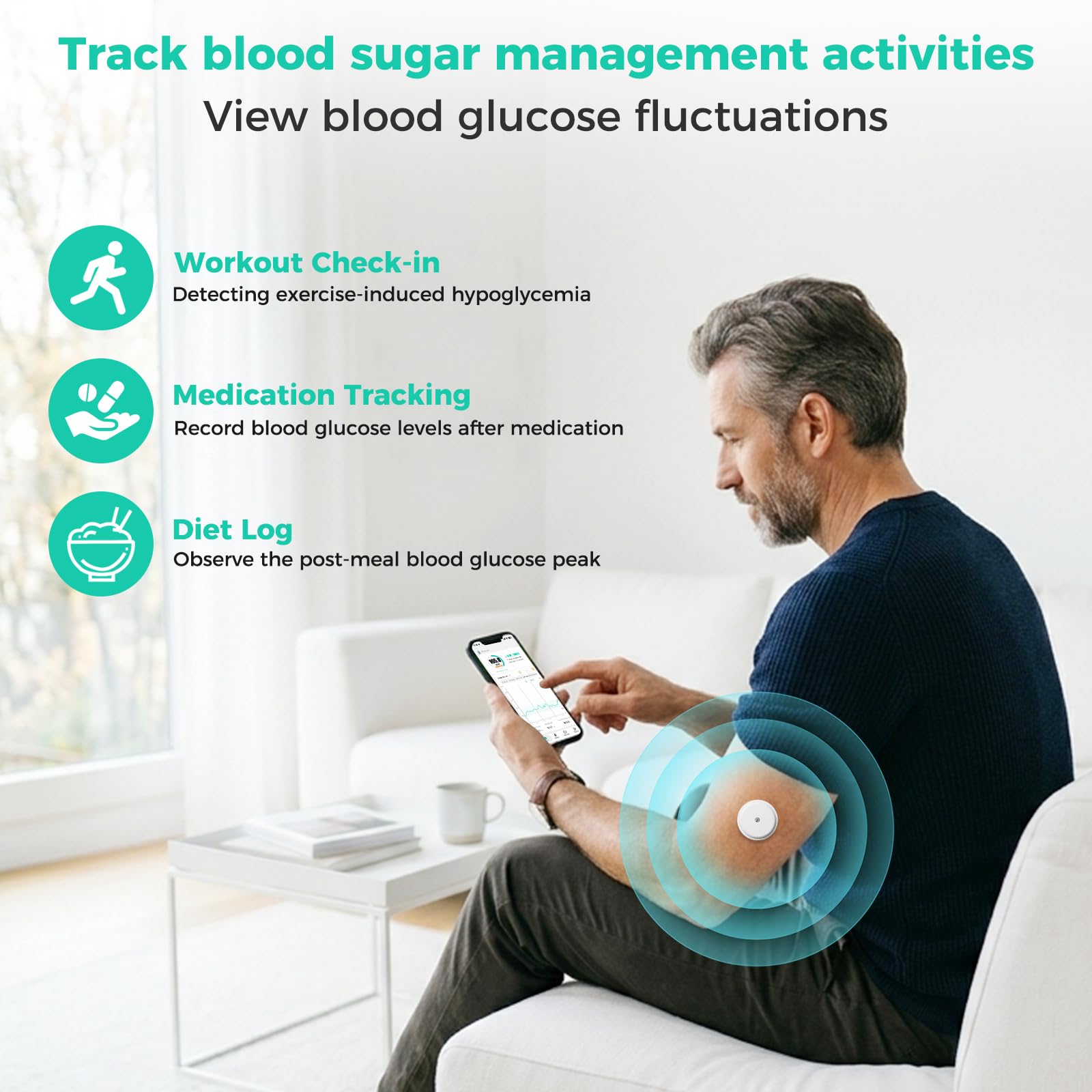 Moniteur de glucose sans piqûre au doigt, moniteur de glycémie portable, surveillance continue du glucose, kit de test de glycémie compatible iOS et Android