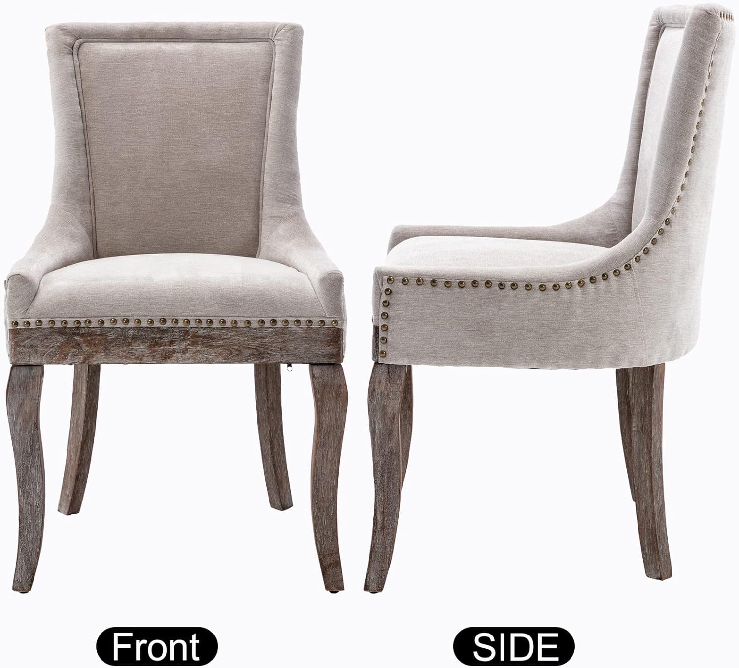 Aoowow Fabric Upholstered Side Chairs Set of 2, Solid Wood Kitchen Dining Room Chairs with Nailheads Legs (Fabric Beige)