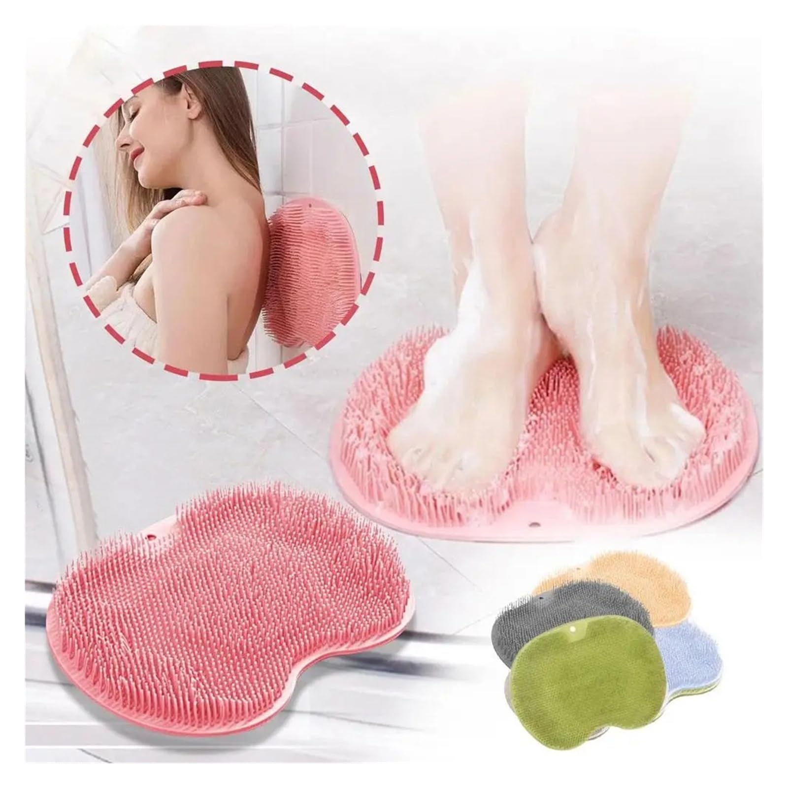 Silicone Shower Foot Scrubber Back Brush Non-Slip Bath Mat Exfoliating (Pink)