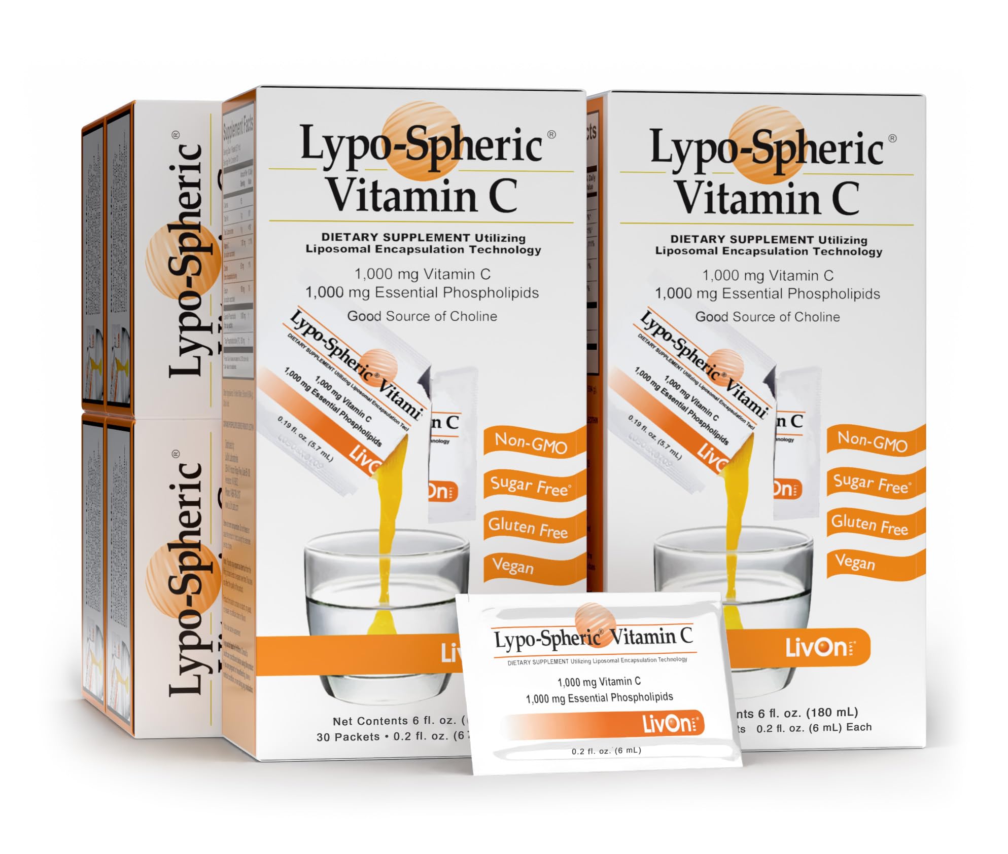 Lypo–Spheric Vitamin C – 6 Cartons (180 Packets) – 1,000 mg Vitamin C & 1,000 mg Essential Phospholipids Per Packet – Liposome Encapsulated for Improved Absorption – 100% Non–GMO