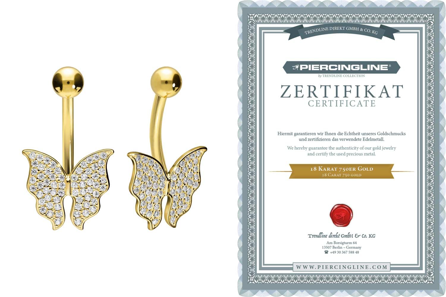 PIERCINGLINE 18 Karat Gold Bauchnabelpiercing mit KRISTALLSCHMETTERLING Bananabell Piercing Gelbgold